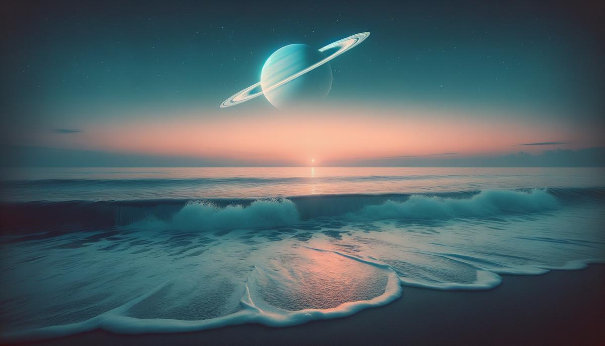 A serene ocean scene with Saturn visible in the sky, symbolizing emotional boundaries and spiritual growth in Pisces