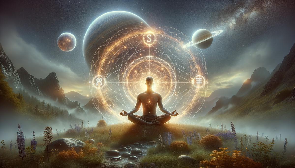 A person meditating with a glowing aura, surrounded by symbols of Saturn and Pisces, representing emotional intelligence and mindfulness