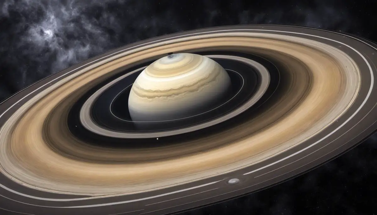 An image of Saturn depicting its stormy atmosphere with swirling clouds and the distinct rings surrounding the planet.