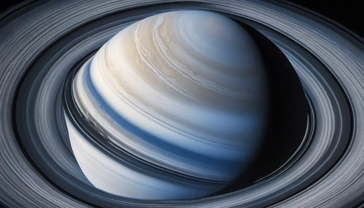 Image of Saturn's cold temperatures, showcasing the planet's icy atmosphere in shades of blue and white