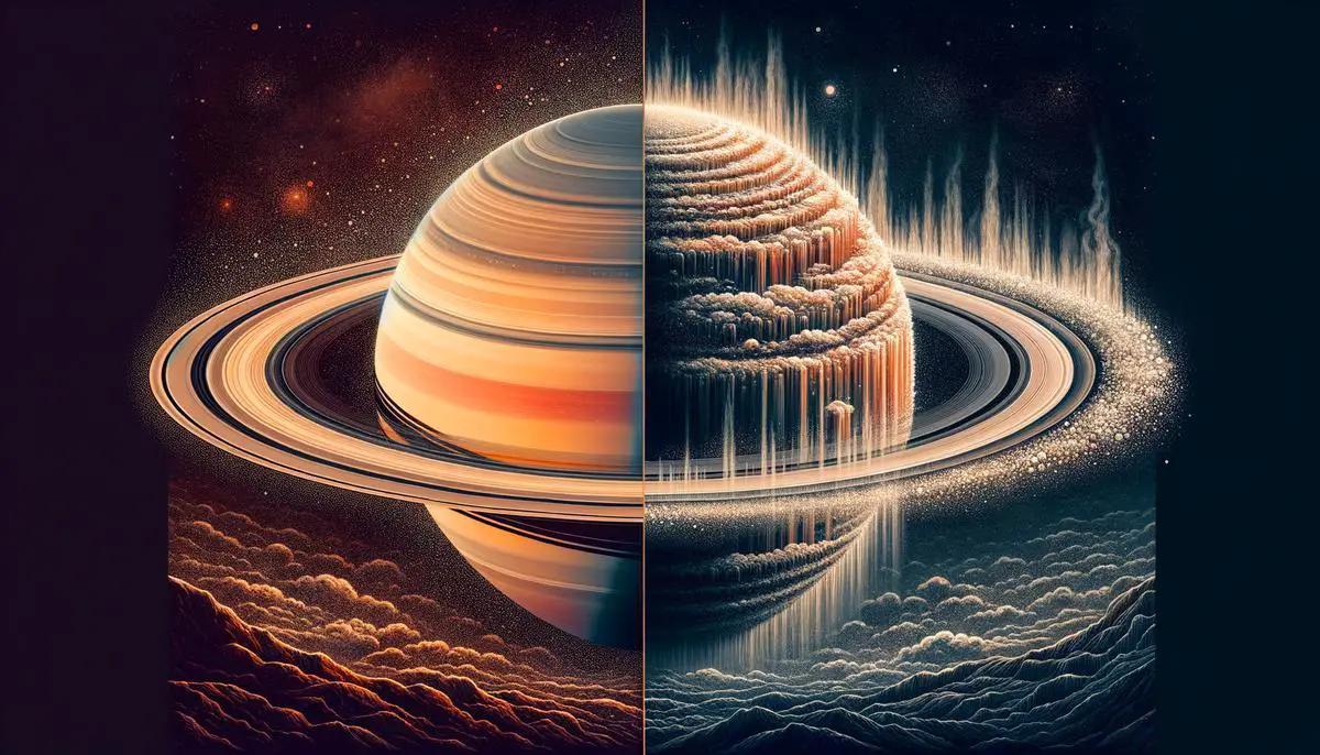 Visual representation of the scientific debate over Saturn's rings age, contrasting ancient and young ring formation theories