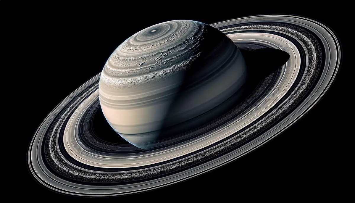 A close-up view of Saturn's iconic ring system, revealing its intricate structure, icy composition, and the Cassini Division.