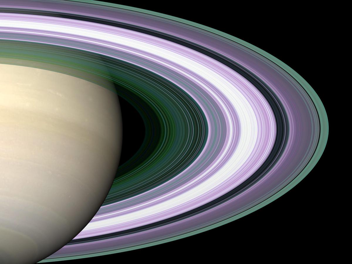 Saturn's rings viewed from different angles, demonstrating how light interplay creates varied appearances and colors