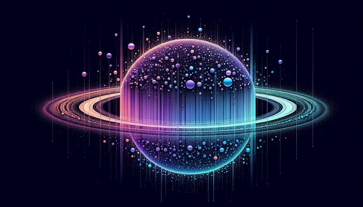 Visual representation of spectroscopic analysis of Saturn's rings, showing different wavelengths corresponding to particle sizes and compositions