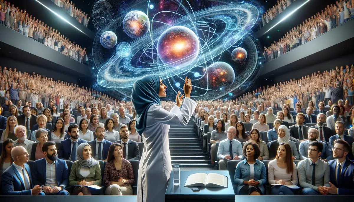 A scientist passionately sharing her cosmic discoveries with a diverse group of people in a modern auditorium