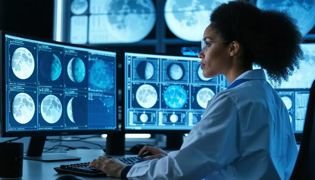 Scientist analyzing moon phase and menstrual cycle data on computer screens