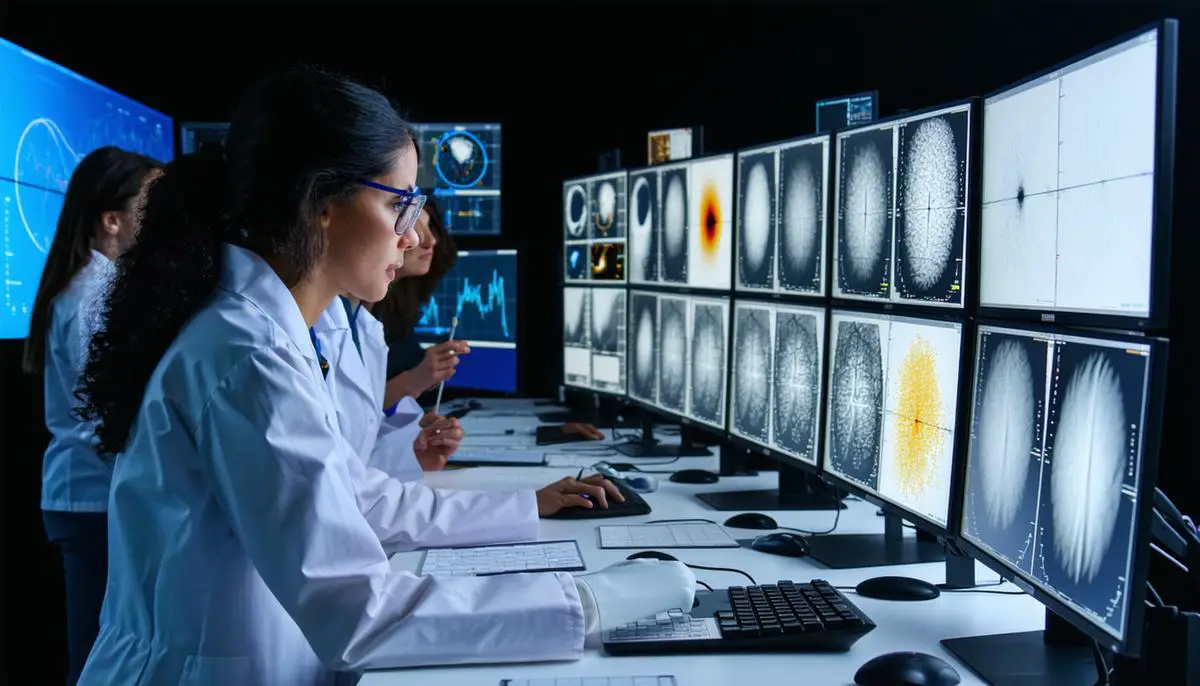 Diverse group of scientists analyzing spectral data from K2-18b on large screens