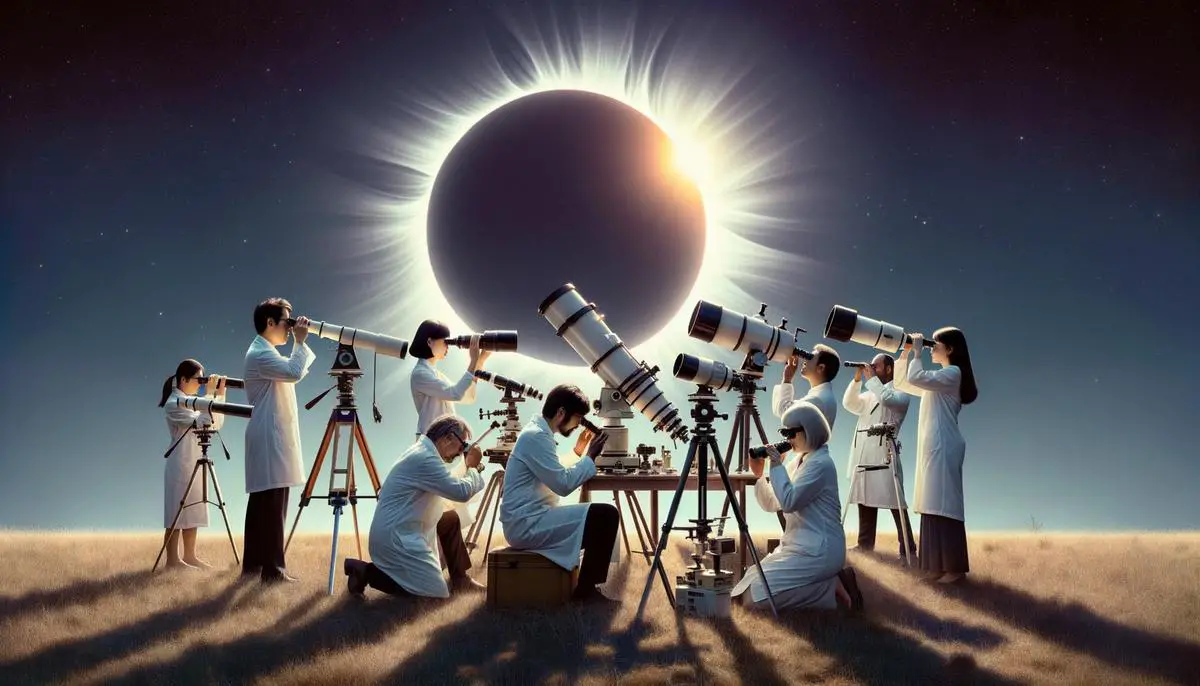 Scientists using specialized equipment to study the sun's corona during a total solar eclipse