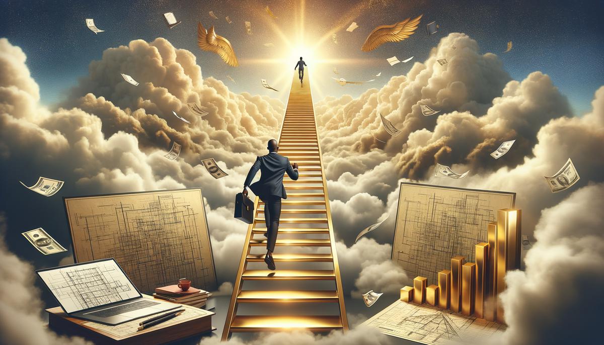 A determined Scorpio climbing a golden career ladder reaching into clouds, with various work tools and symbols floating around