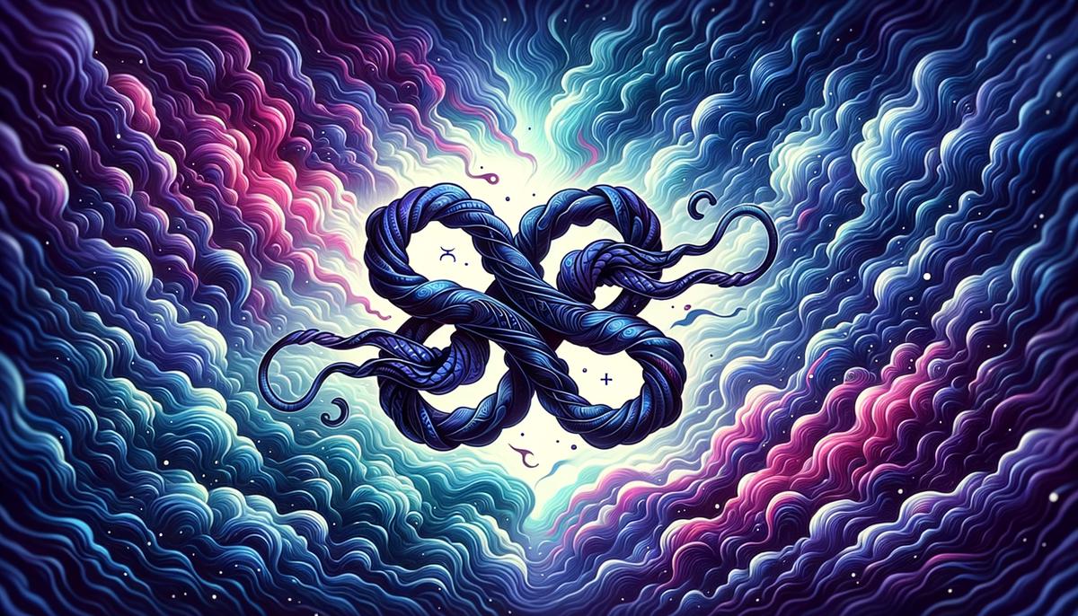 Two intertwined Scorpio symbols submerged in deep, swirling waters