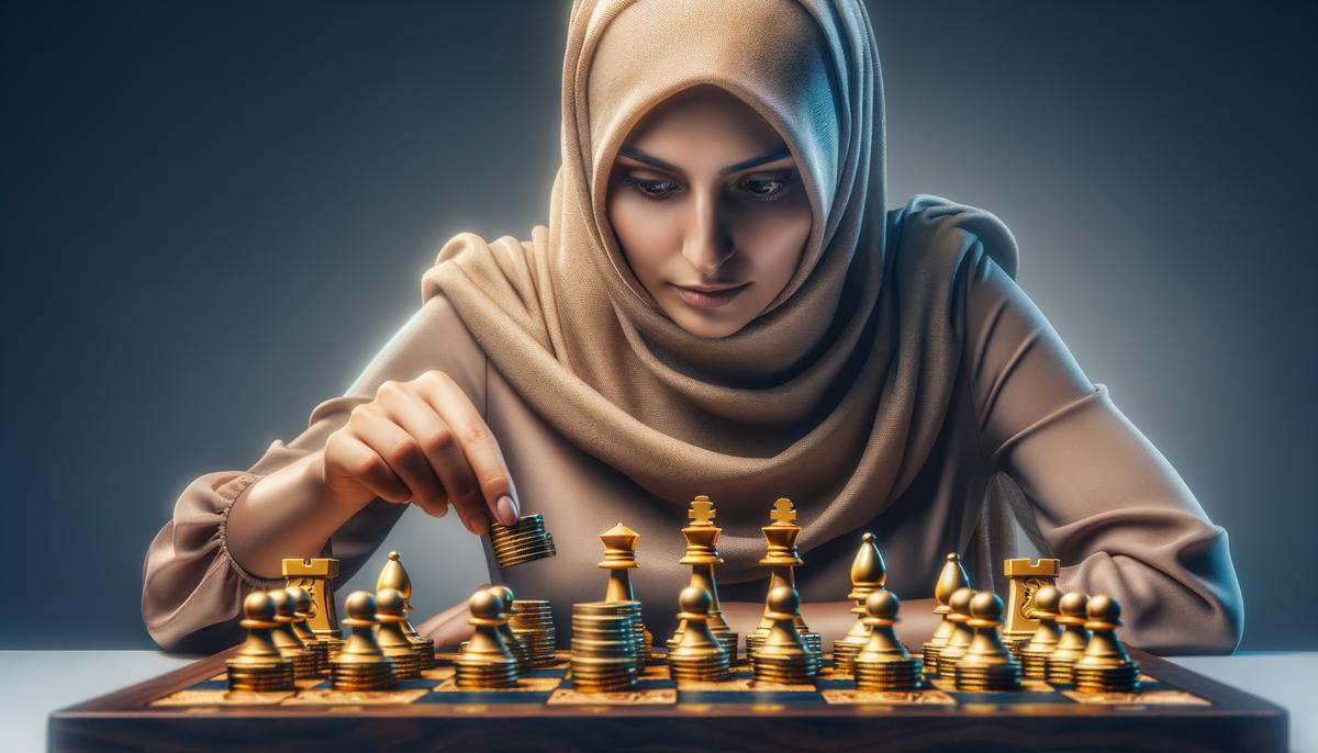 A Scorpio strategically moving chess pieces made of gold coins on a giant chessboard, representing financial planning