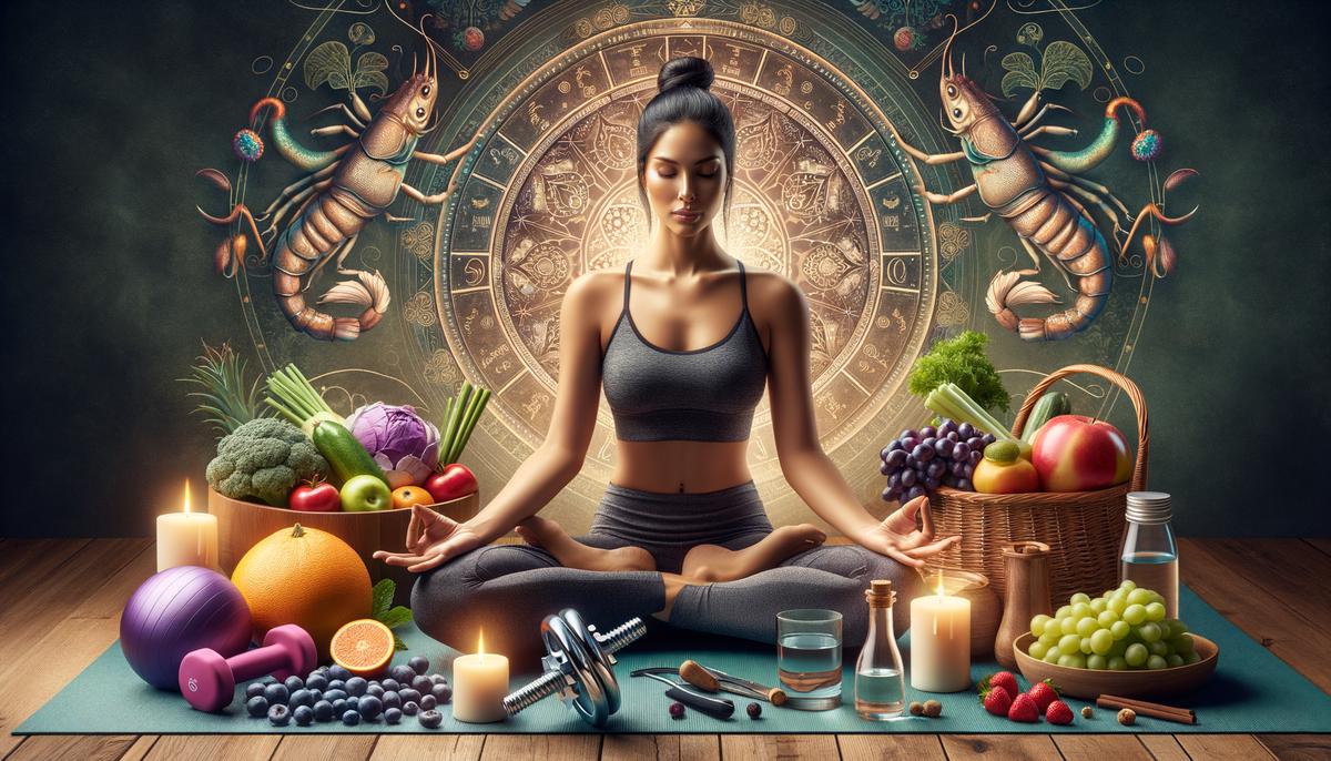 A person in a meditative pose surrounded by symbols of physical and mental well-being, including healthy food, exercise equipment, and calming elements