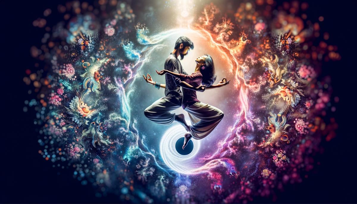 Two people in a yin-yang formation, surrounded by a soft, glowing aura, symbolizing balance and harmony in relationships