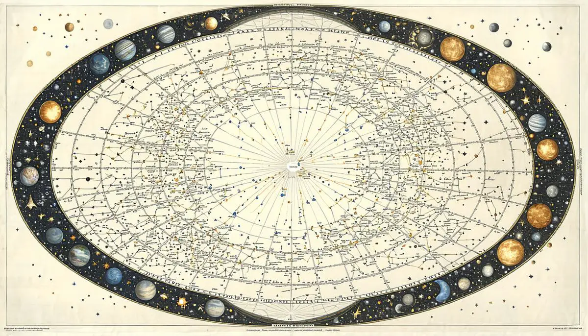 A circular diagram showing the changing positions of constellations throughout the year