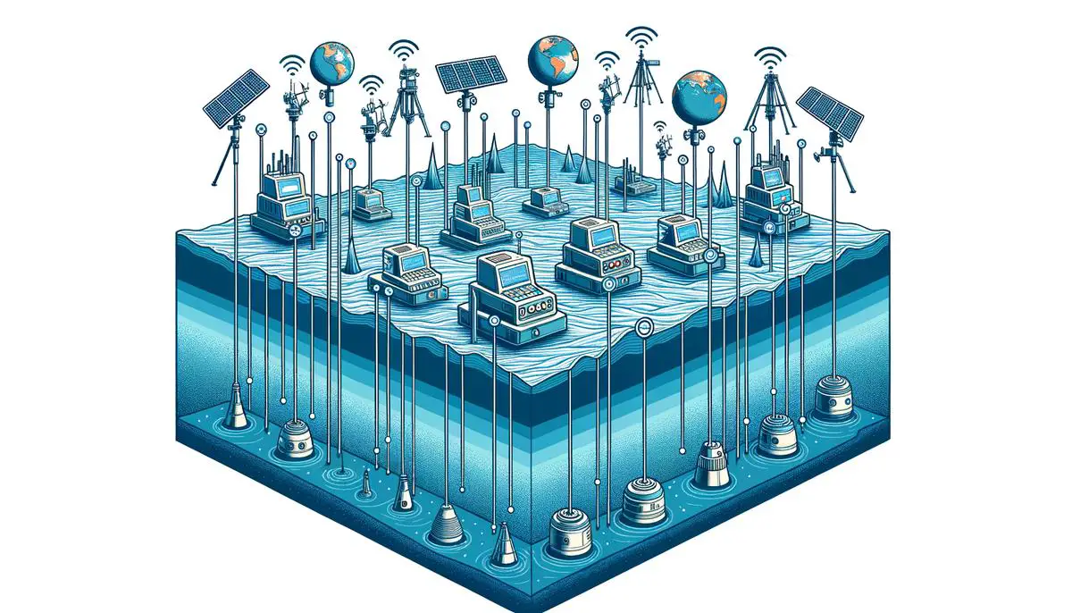 Illustration of a network of seismometers on land and ocean floor measuring earthquake waves