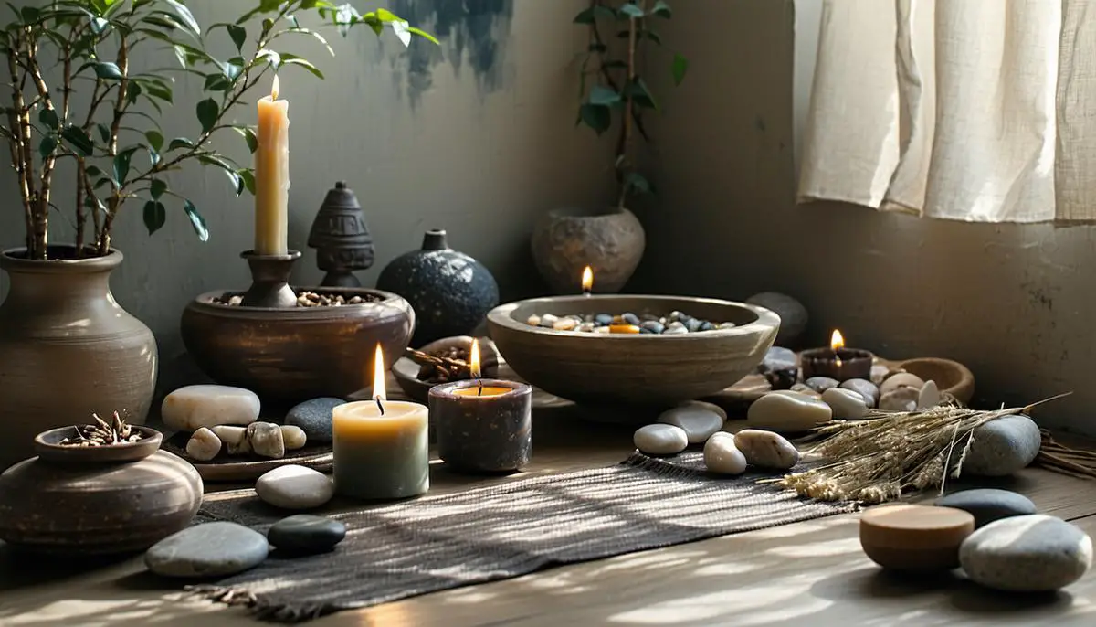 A calm, inviting ritual space with arranged materials, soft lighting, and soothing elements