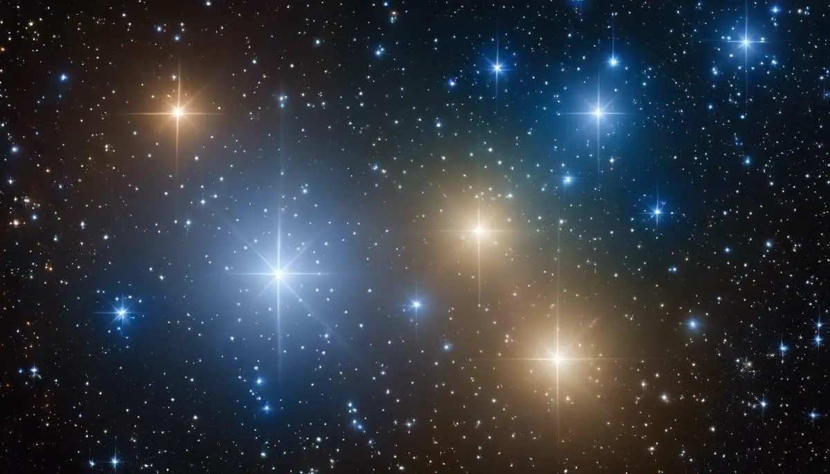 Image of the Pleiades star cluster, showing the grouping of stars in the night sky, resembling a cluster of bright stars.