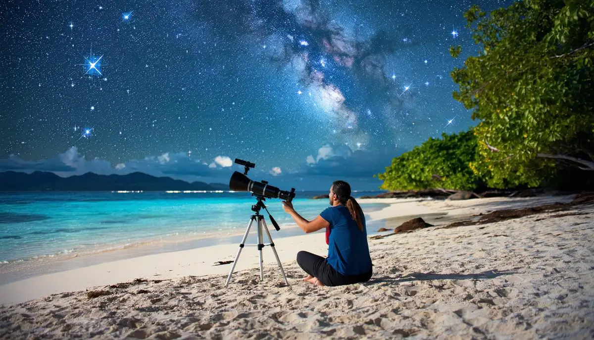 Couple stargazing on a secluded Seychelles beach with a telescope and the Southern Cross constellation visible in the sky