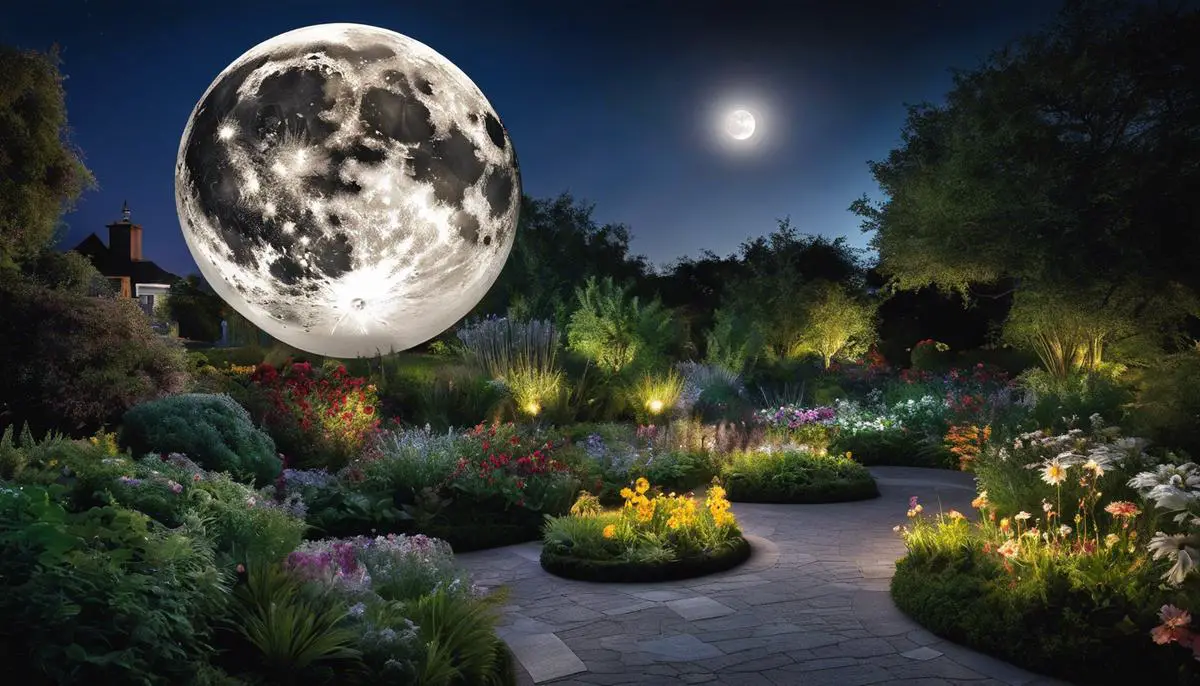 An image of a silver full moon shining on a garden with plants and flowers, symbolizing the transformative power of lunar gardening.