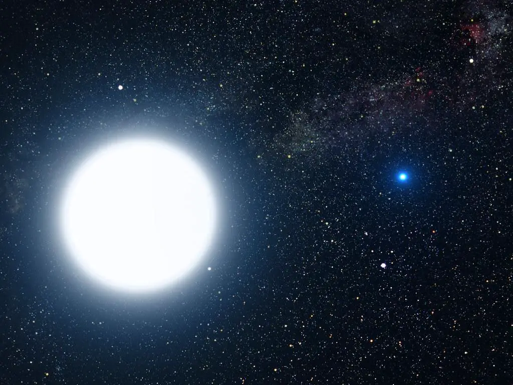 Artistic rendering comparing Sirius A, a bright blue-white star, with Sirius B, a small dense white dwarf, showcasing their size and luminosity differences