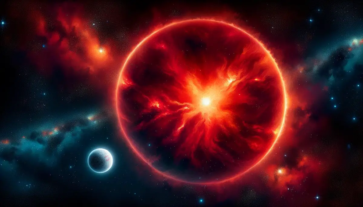 An artist's conception of Sirius A as a red giant star in the distant future, with Sirius B as a white dwarf nearby