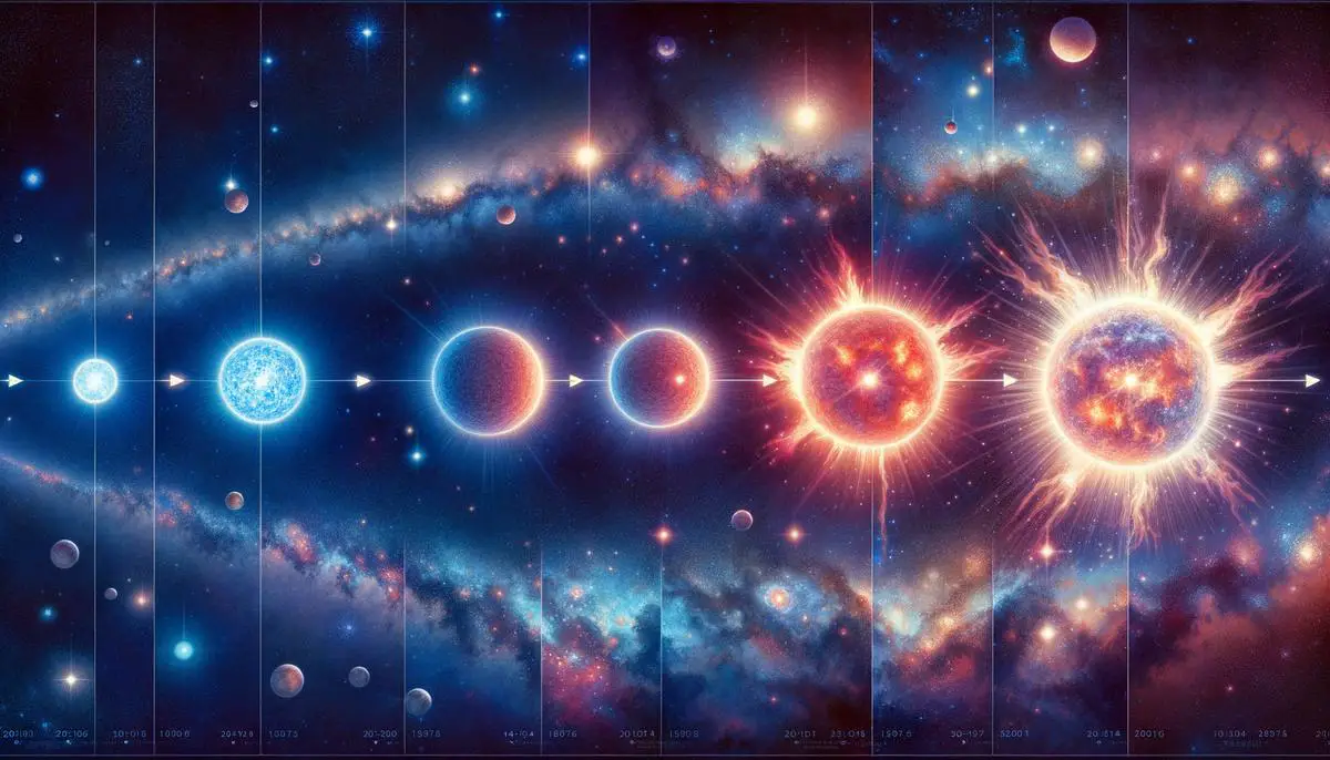 Artistic depiction of Sirius B's evolution from a massive star to a red giant and finally to a white dwarf