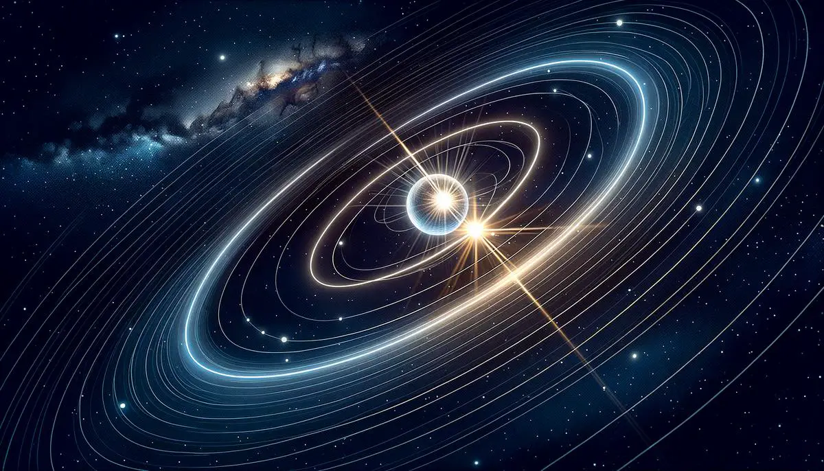 Illustration of Sirius A and B's elliptical orbit around each other, emphasizing the varying distances between the stars