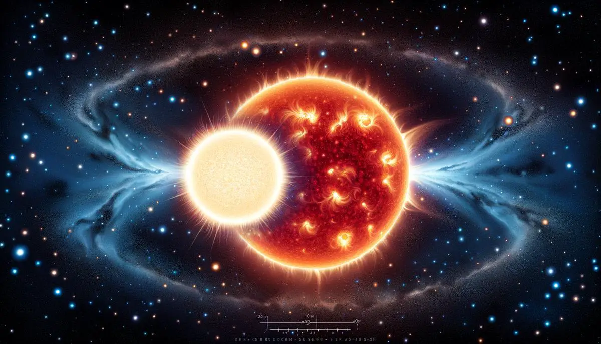 A size comparison between Sirius and the Sun, showing Sirius as significantly larger and brighter