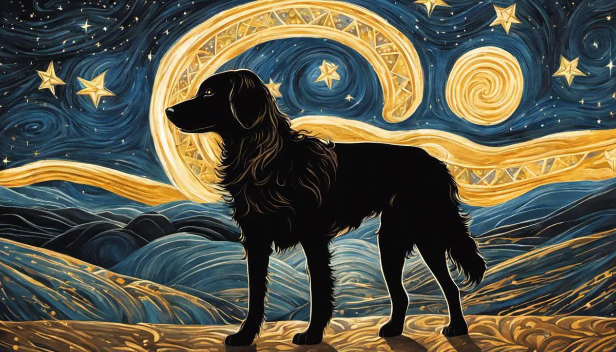 Illustration of starry night with Sirius as the Dog Star shining brightly in the sky, symbolizing its significance in different ancient mythologies and cultures.