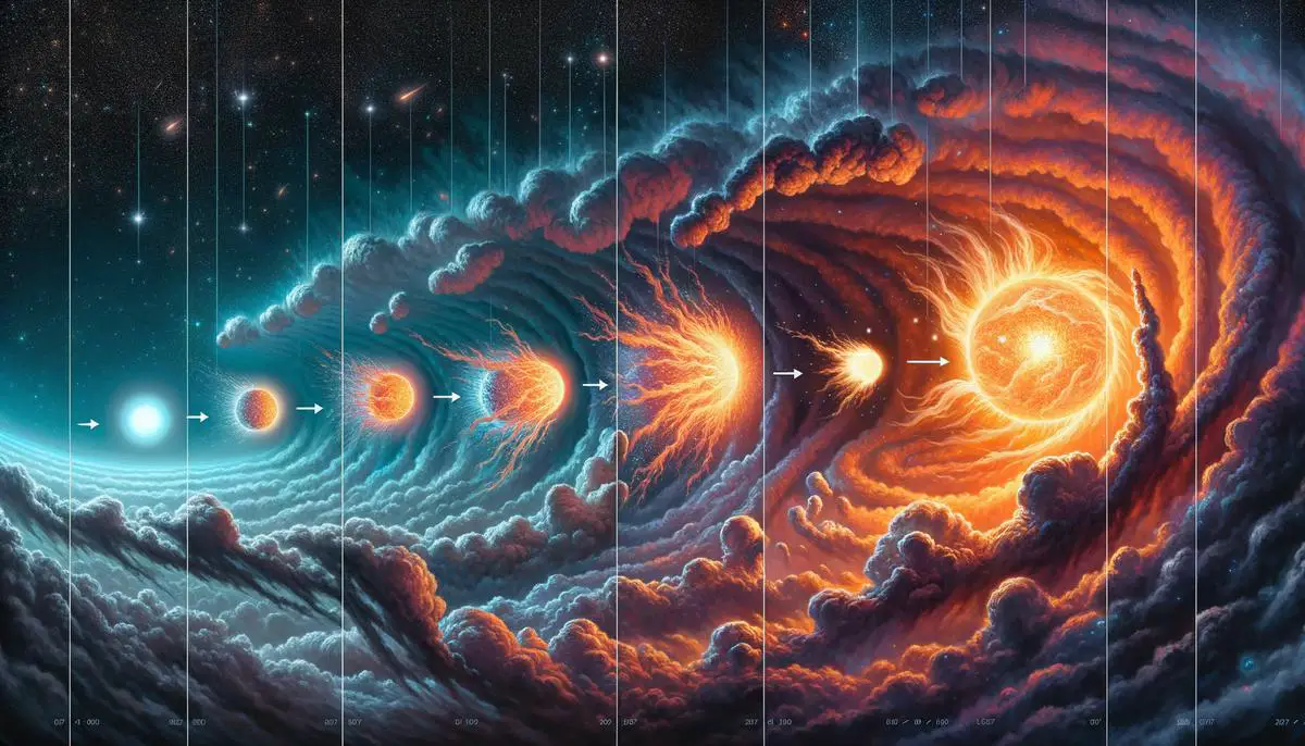 Illustration showing the stages of Sirius star system formation from molecular cloud to current binary state