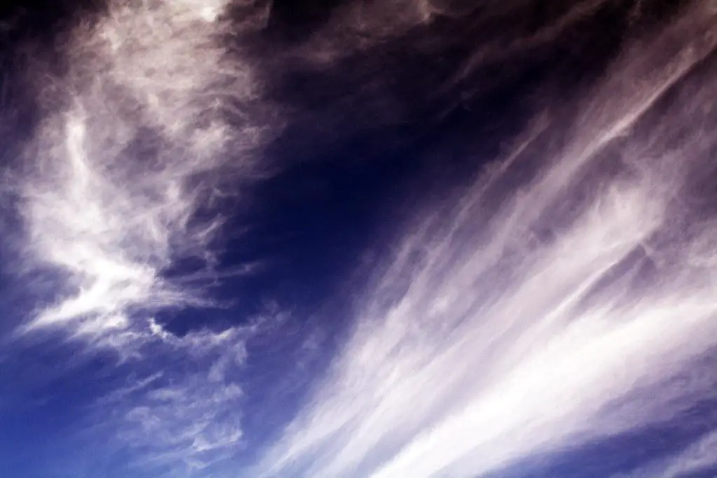 Collage of sky scenes showing different colors during sunrise, midday, sunset, and night