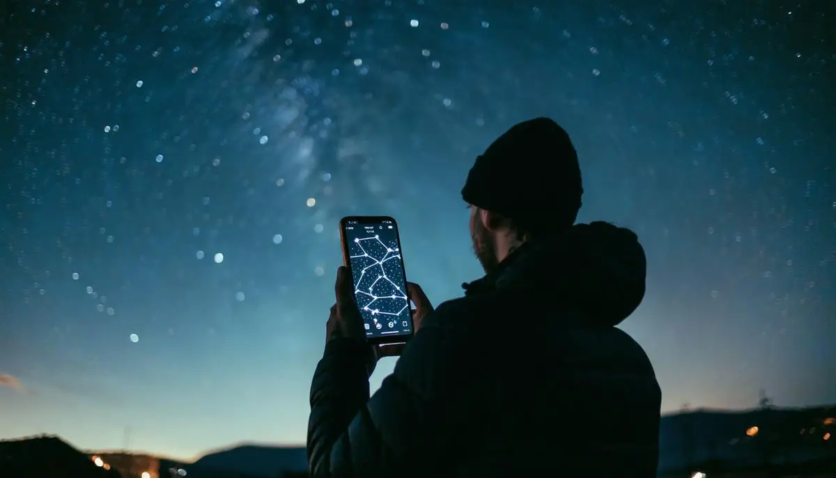 Person using a stargazing app on a smartphone to identify constellations