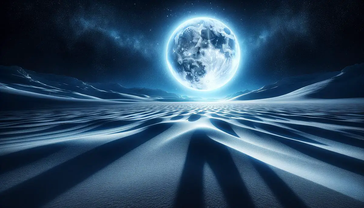 Image of a bright Snow Moon shining over snowy landscape during winter months