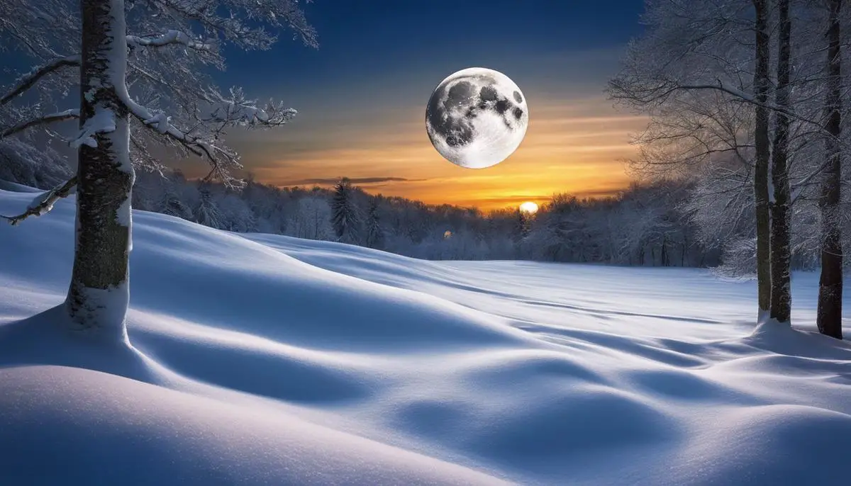 Image of the Snow Moon, showing a full moon with a snowy landscape and trees in the background.