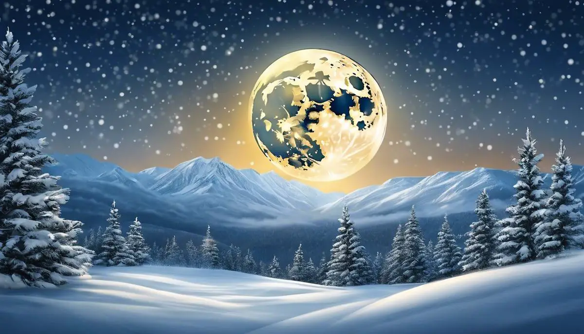 Illustration of the Snow Moon, a full moon surrounded by snowflakes