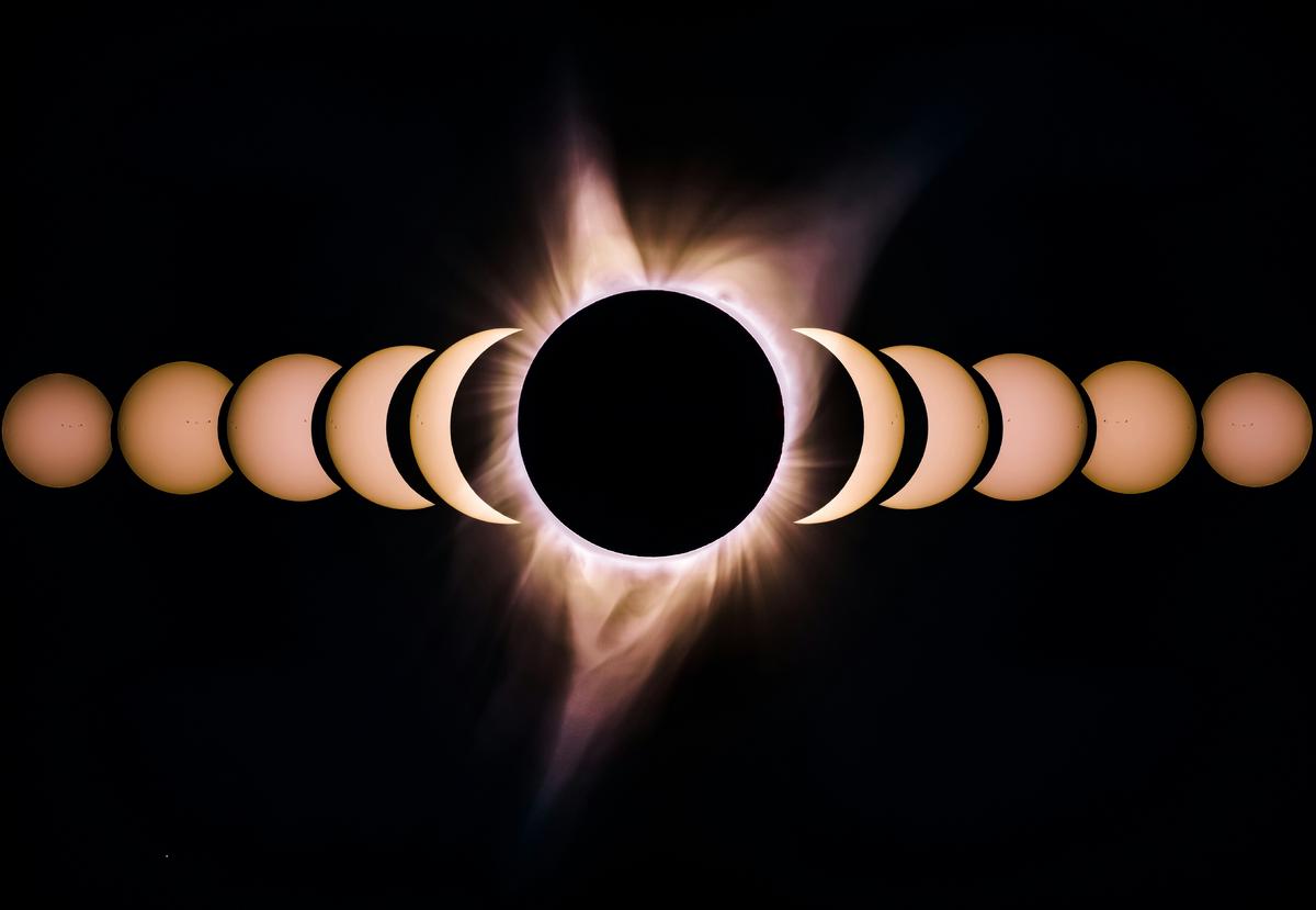 Collage of solar corona observation techniques including an eclipse, coronagraph, and space-based observatory