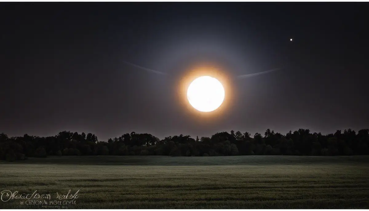 Photograph of a solar eclipse with a corona of light surrounding the moon.