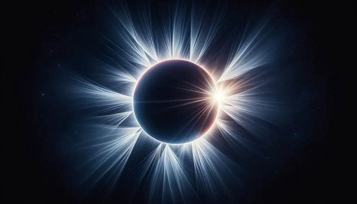 A realistic image of a solar eclipse with clear skies, showing the moon covering the sun with a bright corona visible around the edges