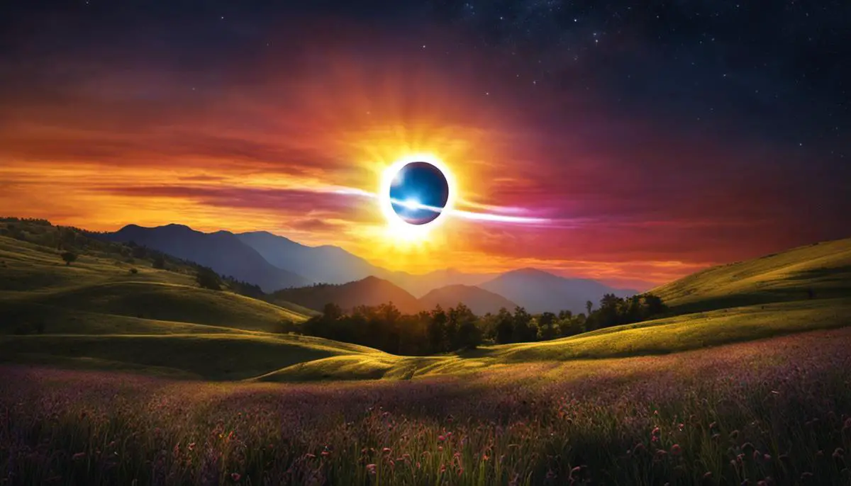 Illustration of a solar eclipse with brilliant colors and a ring-shaped corona.