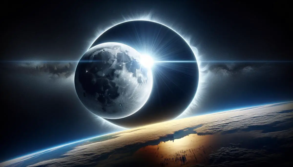 A realistic image of a solar eclipse with the moon partially covering the sun, casting a shadow on the Earth