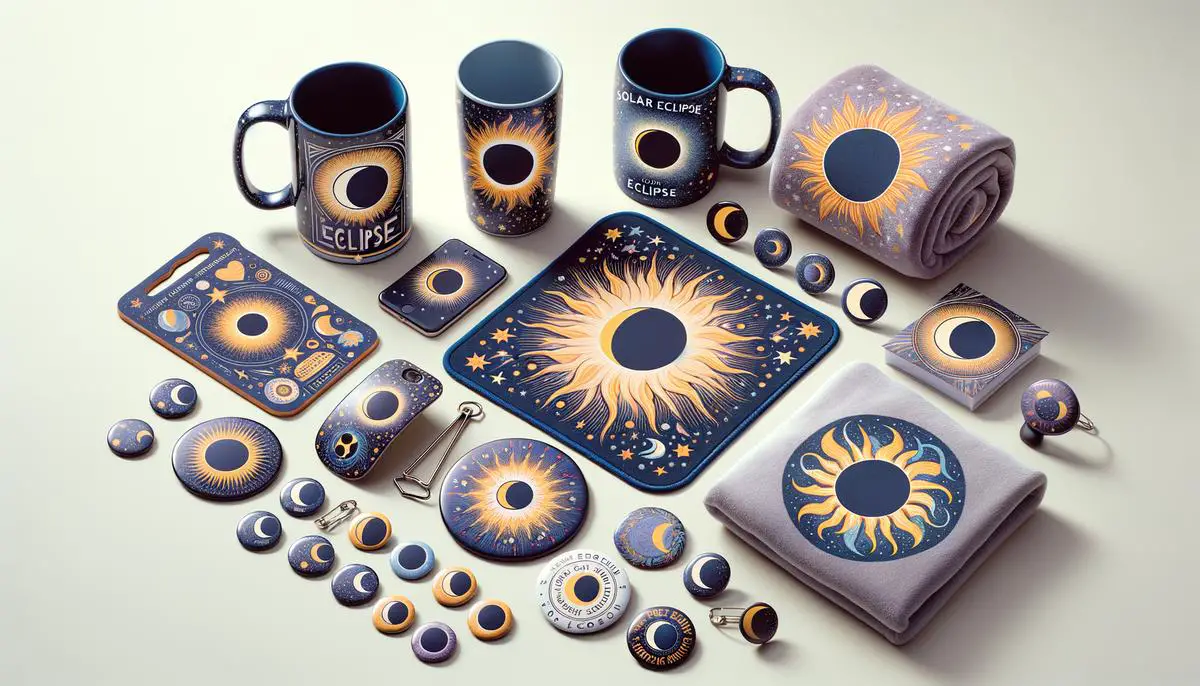 A collection of solar eclipse-themed items like pint glasses, mouse pads, pin buttons, and throw blankets displayed together