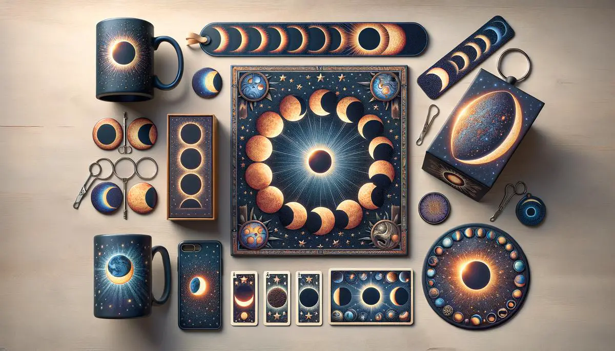 A collection of solar eclipse themed souvenirs such as bookmarks, mugs, magnets, memory box, doormat, playing cards, and coasters