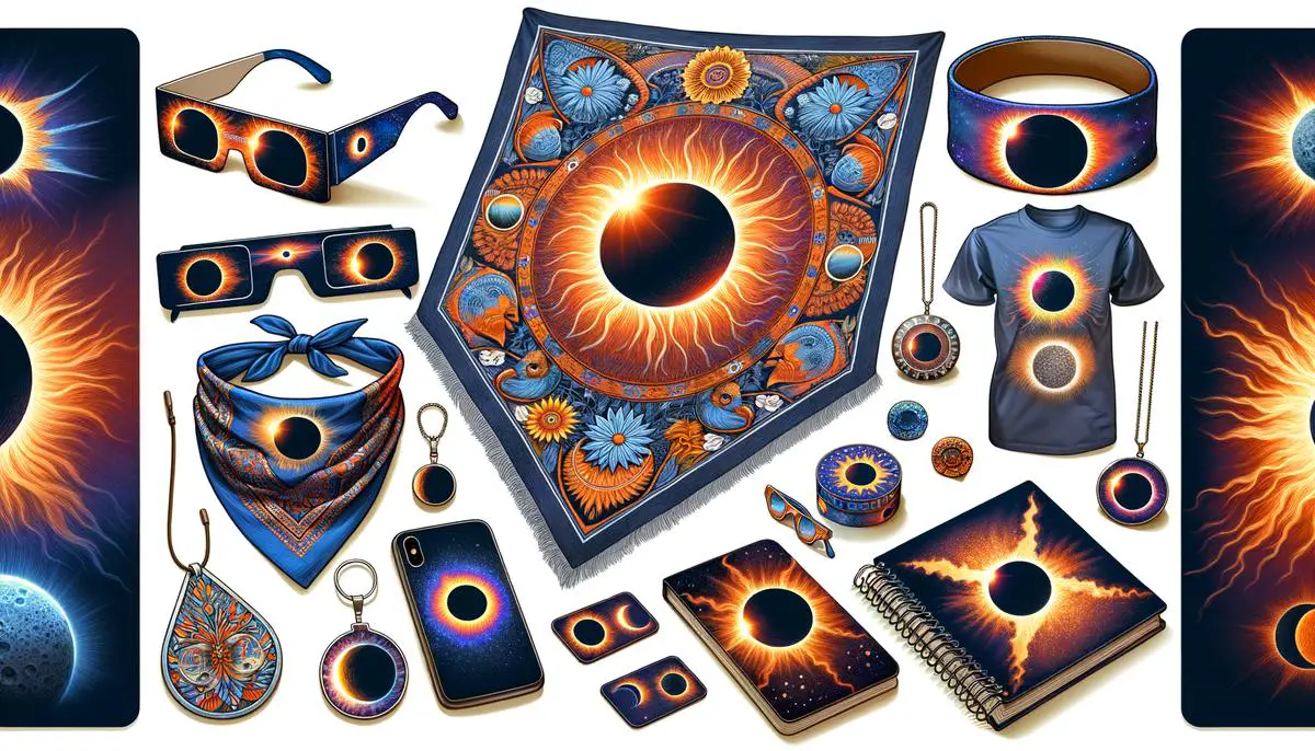 An image showcasing various eclipse-themed fashion and accessories