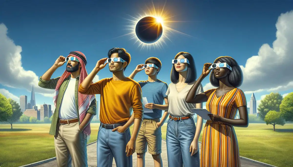 A realistic image of people using eclipse glasses and pinhole projectors to view a solar eclipse