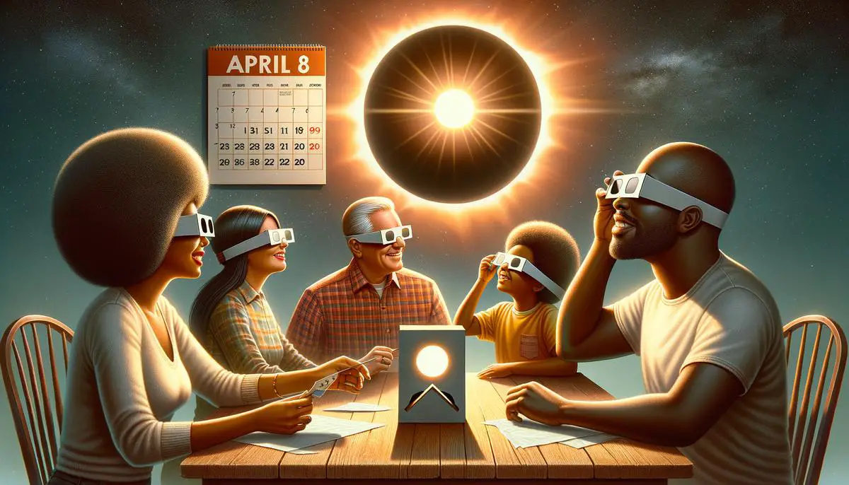 A realistic image of people safely viewing a solar eclipse with eclipse glasses and a pinhole projector