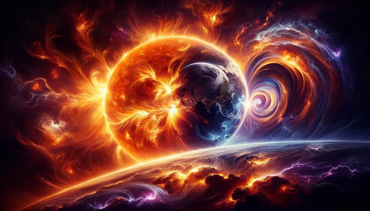 An image depicting a powerful solar flare erupting from the sun, with intense heat and energy radiating outwards, contrasting with a geomagnetic storm swirling around Earth, showcasing the clash of celestial forces.