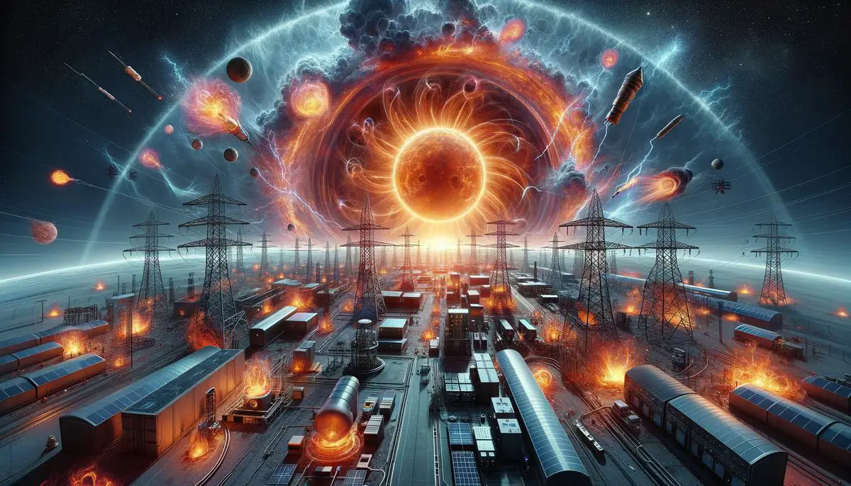 An image depicting the impact of solar flares and geomagnetic storms on technology and infrastructure