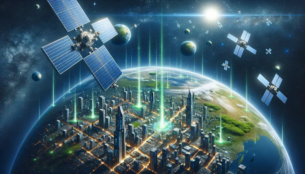 Illustration of a futuristic city on Earth powered by space-based solar power, with solar panel satellites beaming energy down from orbit