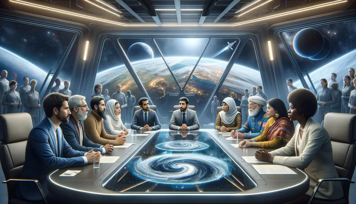 Diverse group of space colonists engaged in an ethical debate about terraforming