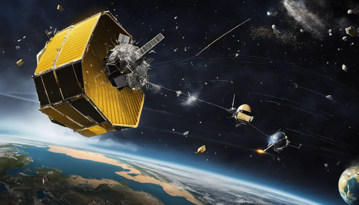 Illustration depicting the threat of space debris to the James Webb Mission, showing debris particles orbiting the Earth and impacting the JWST spacecraft.